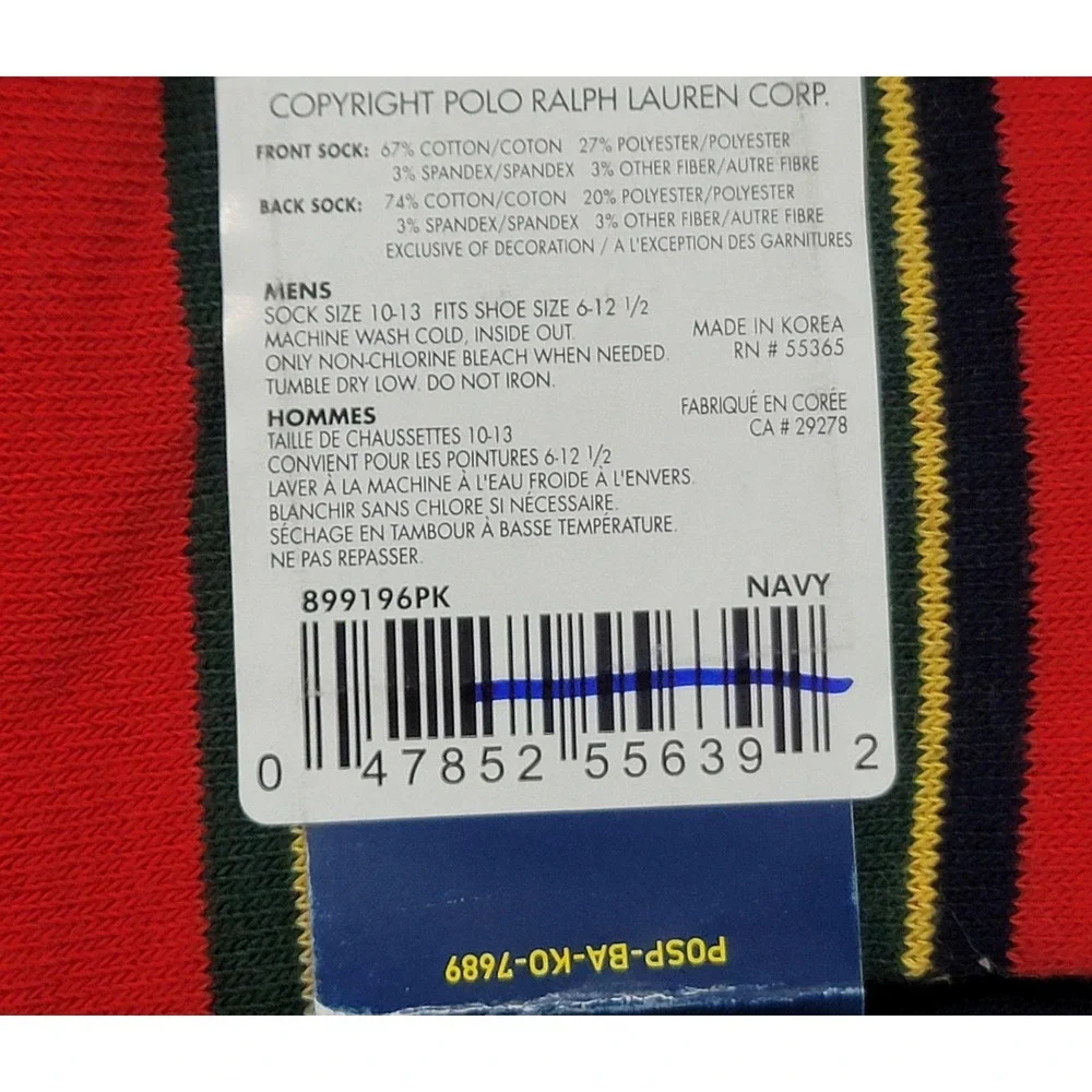 Polo Ralph Lauren Socks Mens 10-13 Navy Red Preppy Bear Stripe 2 Pack Mid Calf